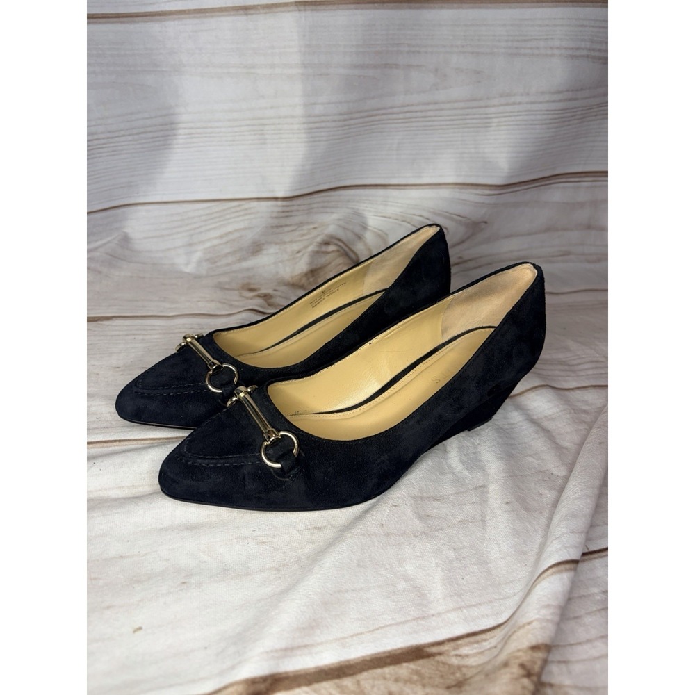 Talbots Black Suede Leather Wedges Horsebit Size‎ 7M Classic Timeless
